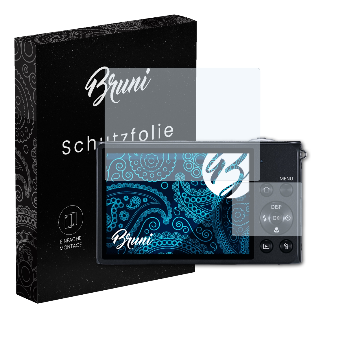 Kamera mit Displayschutz, schwarze Box mit 'Bruni' und 'Schutzfolie'.
