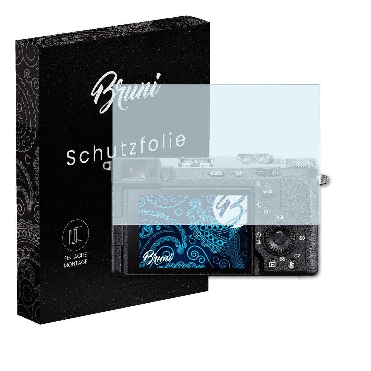 Kamera mit Displayschutz, schwarze Box mit 'Bruni' und 'Schutzfolie'.