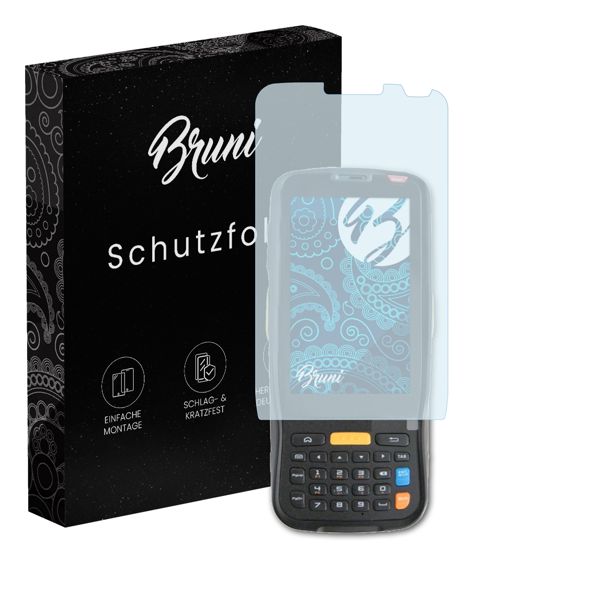 Ein Displayschutz und eine Box sind abgebildet. Die Box ist schwarz mit weißem Text. Der Schutz ist auf einem Gerät.