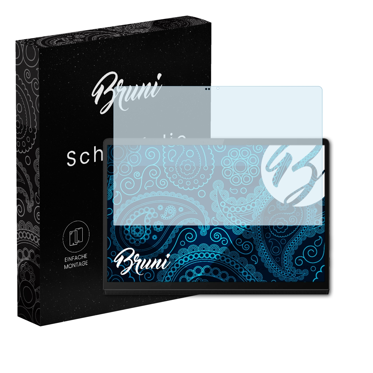 Schwarzes Tablet mit blauem Design auf dem Bildschirm und eine schwarze Box daneben.