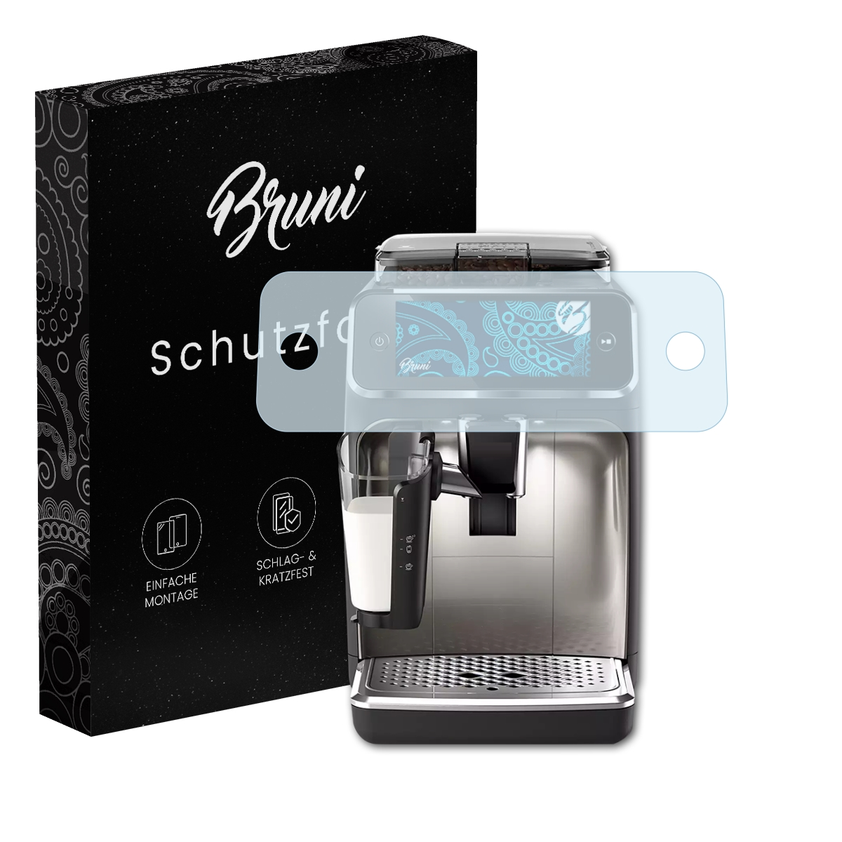 Kaffeemaschine mit Schutzfolie auf dem Bildschirm. Links eine Box mit 'Bruni'.