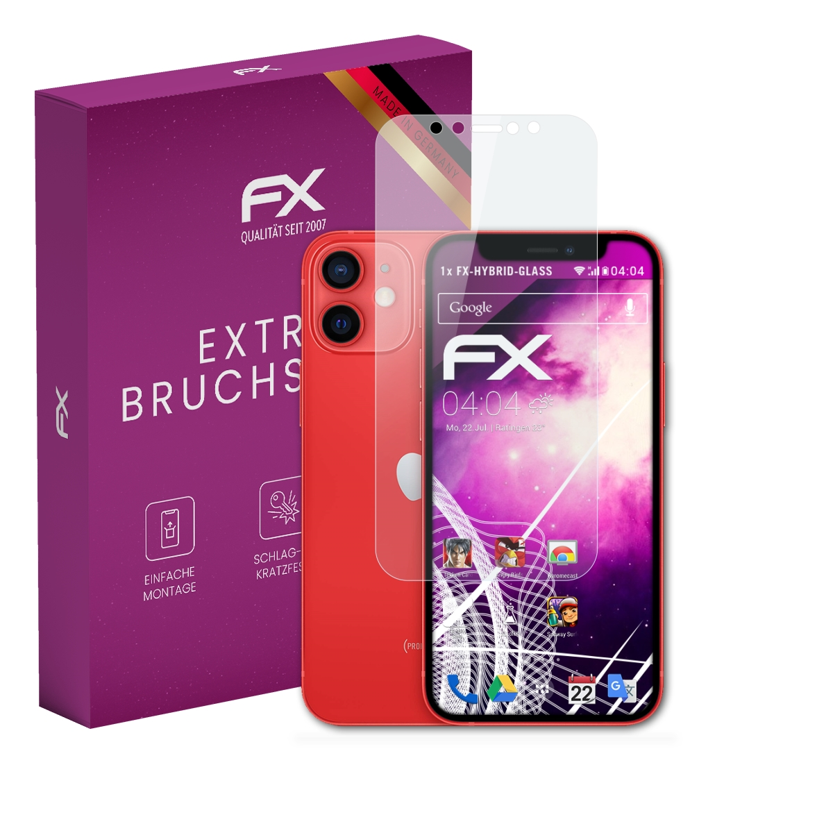 Ein rotes Telefon mit Displayschutz und einer lila Box mit der Aufschrift "FX" und "EXTR BRUCHS".