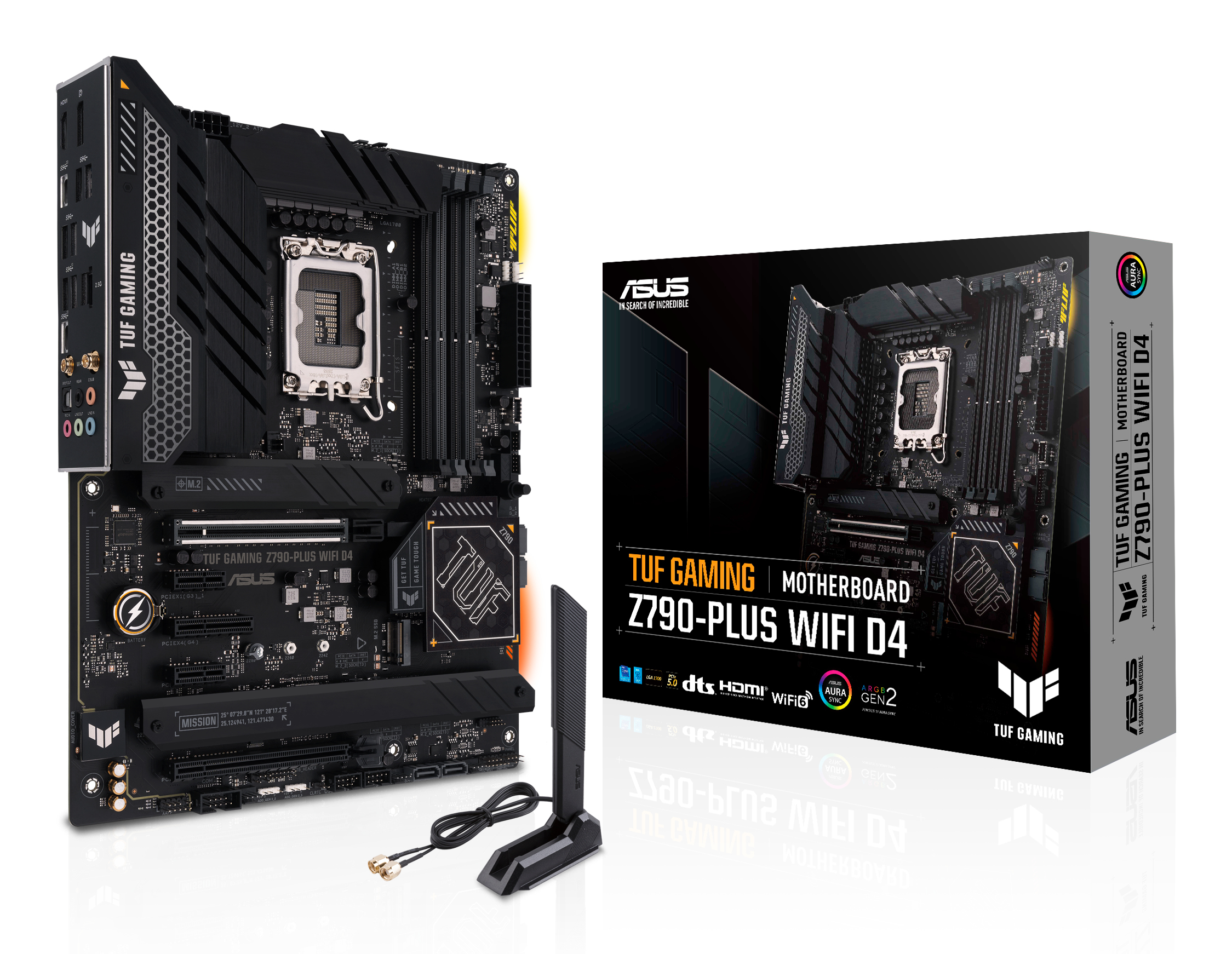 Una scheda madre nera, l'ASUS TUF GAMING Z790-PLUS WIFI D4, con una scatola e un'antenna.