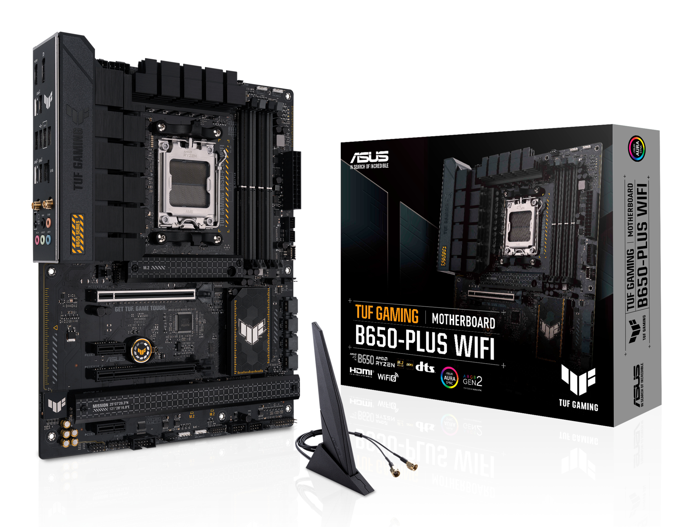 Płyta główna z pudełkiem i anteną. Kolor czarny i szary. ASUS TUF GAMING B650-PLUS WIFI.
