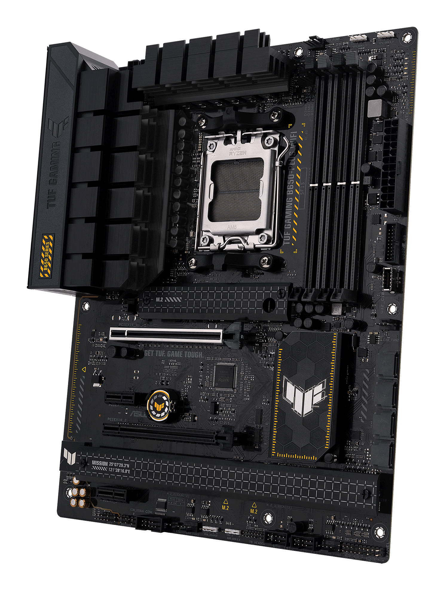 Scheda madre nera con dettagli gialli. ASUS TUF GAMING B650-PLUS. Numerosi componenti visibili.