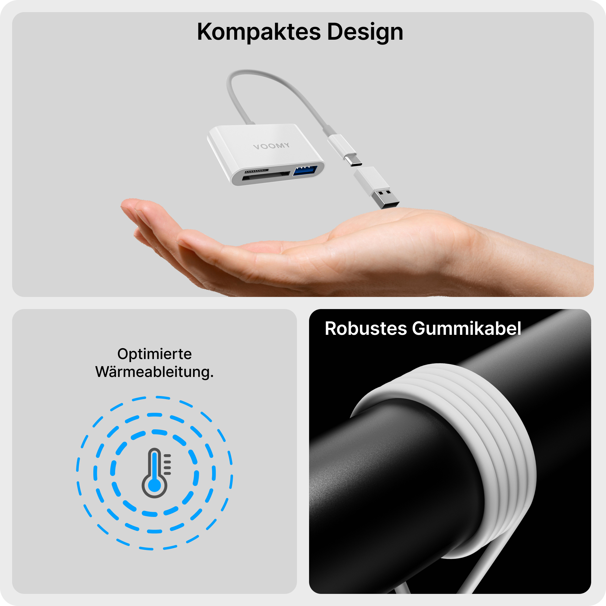 Adapter VOOMY z kablem i kartą SD. Dłoń trzyma adapter, pokazując cechy i design.