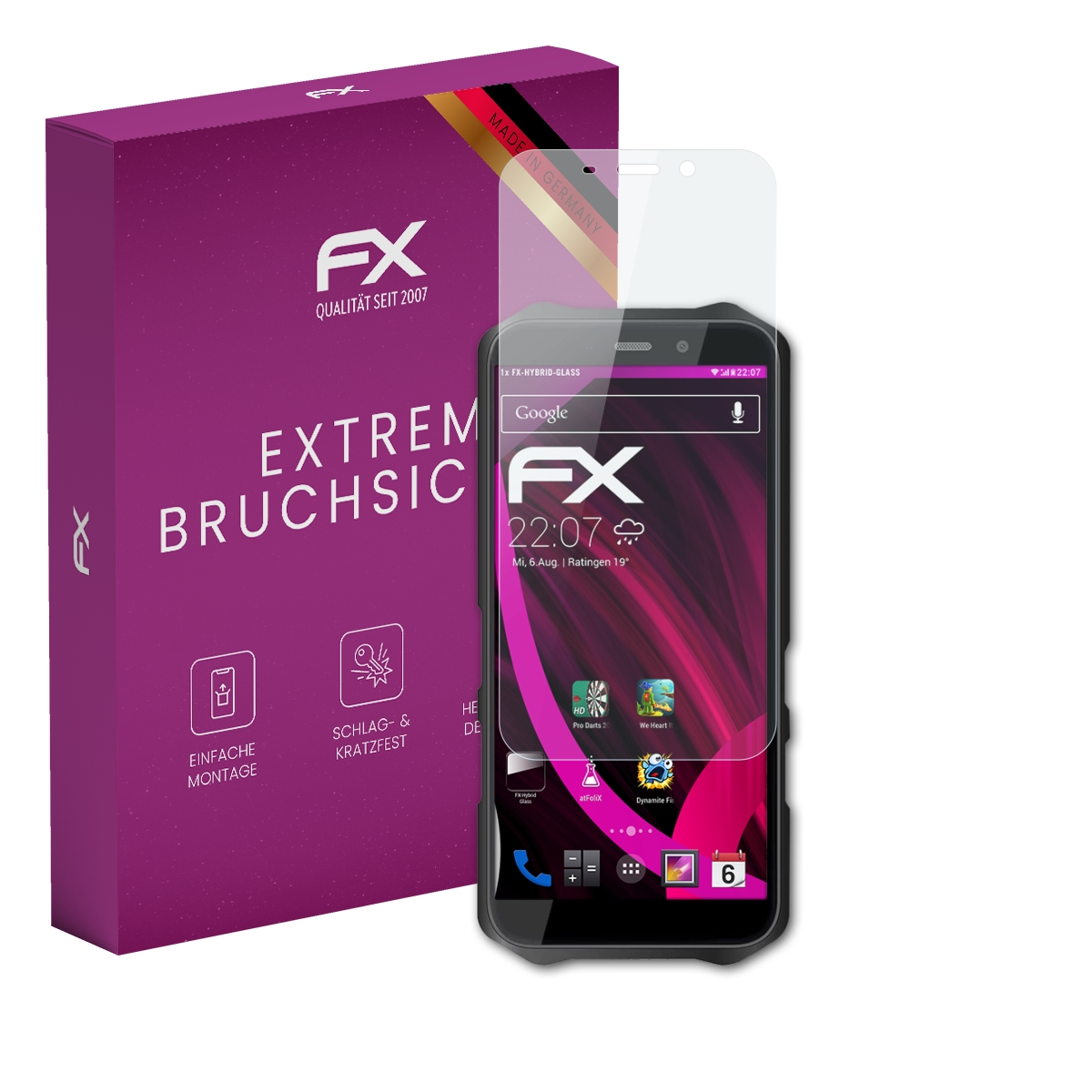 Lila Box mit Displayschutzfolie auf einem Telefonbildschirm, der die Google-Suchseite zeigt.