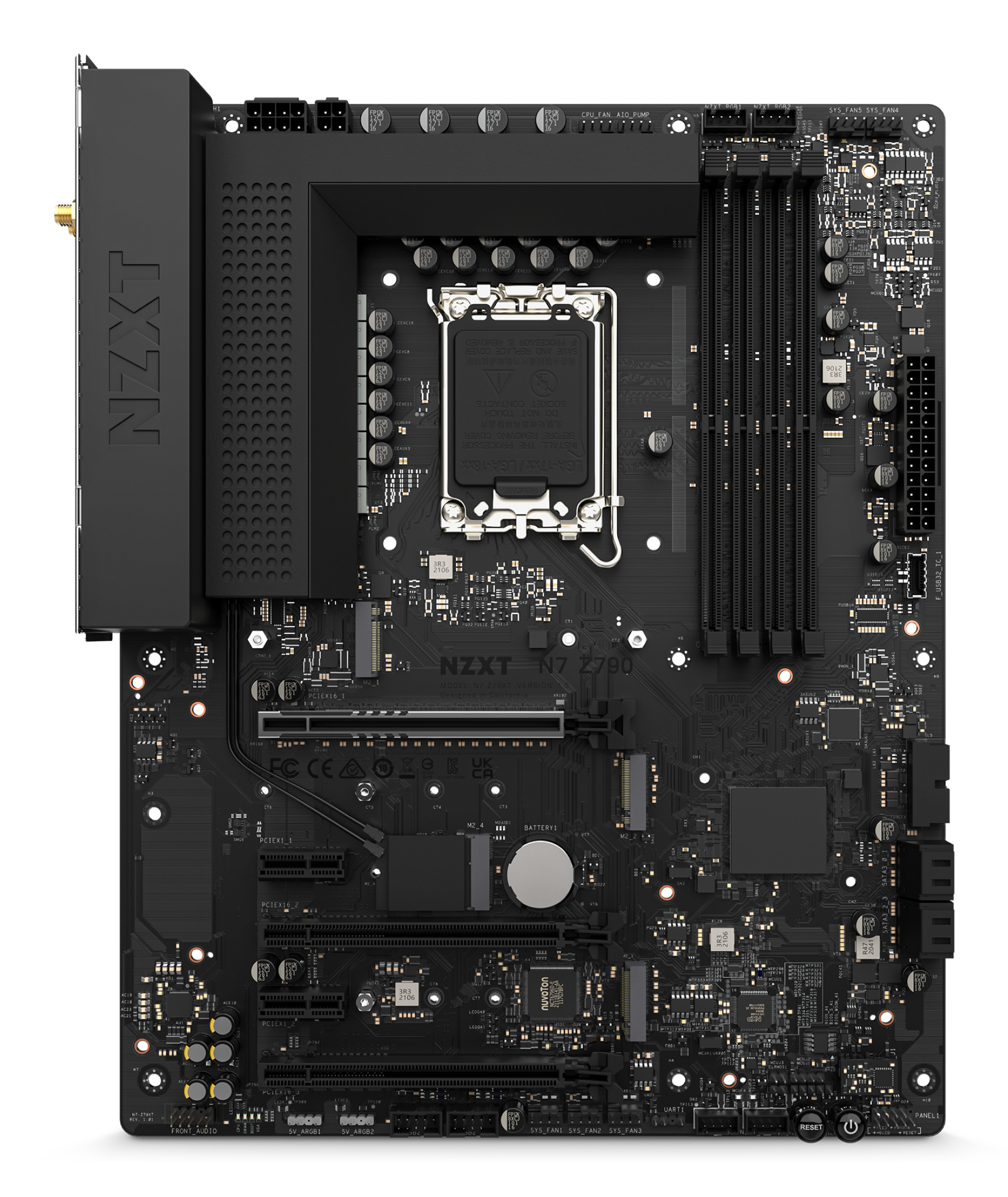 Zwart moederbord met NZXT logo en componenten. Donkere achtergrond met diverse connectoren.