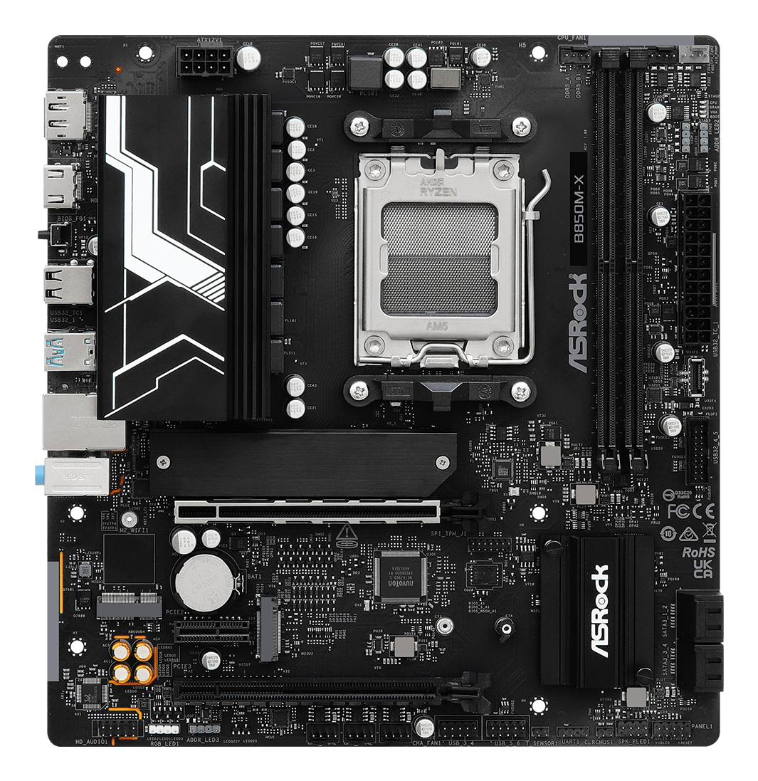 Scheda madre nera con componenti. Logo ASRock, slot e connettori, sfondo scuro.