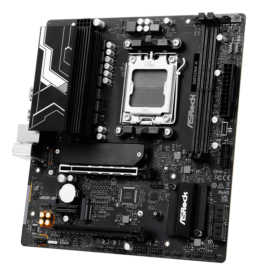 Scheda madre nera con componenti. Logo ASRock, slot e connettori, sfondo scuro.