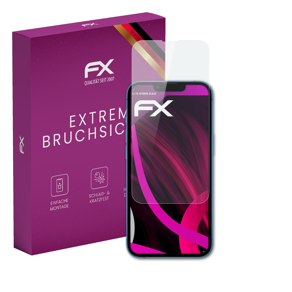 Lila Schachtel mit Telefon und Displayschutz. Schachtel hat FX-Logo, deutscher Text und Displayschutz.
