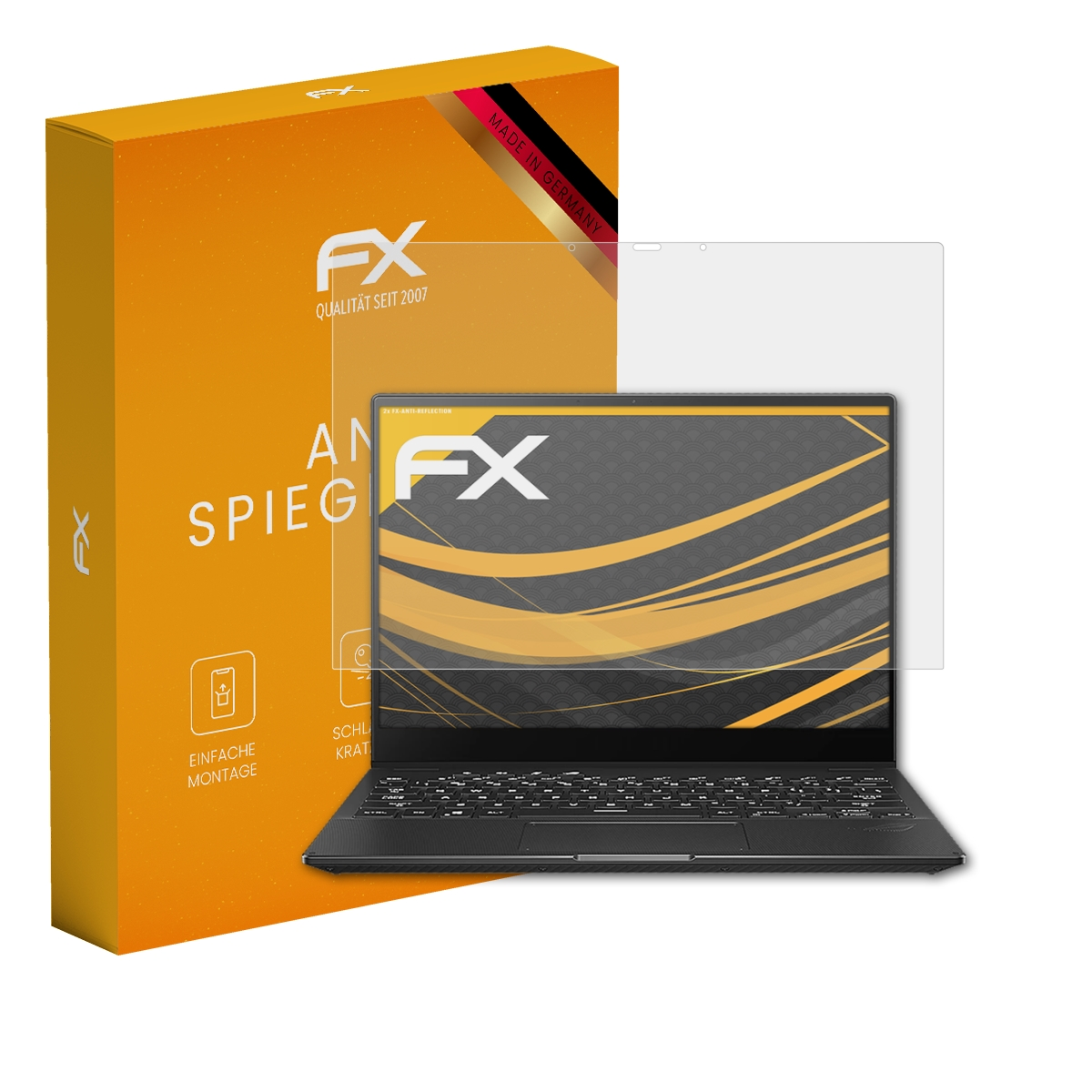 Laptop mit Displayschutz, orangefarbene Box mit FX-Logo. Displayschutz ist klar.