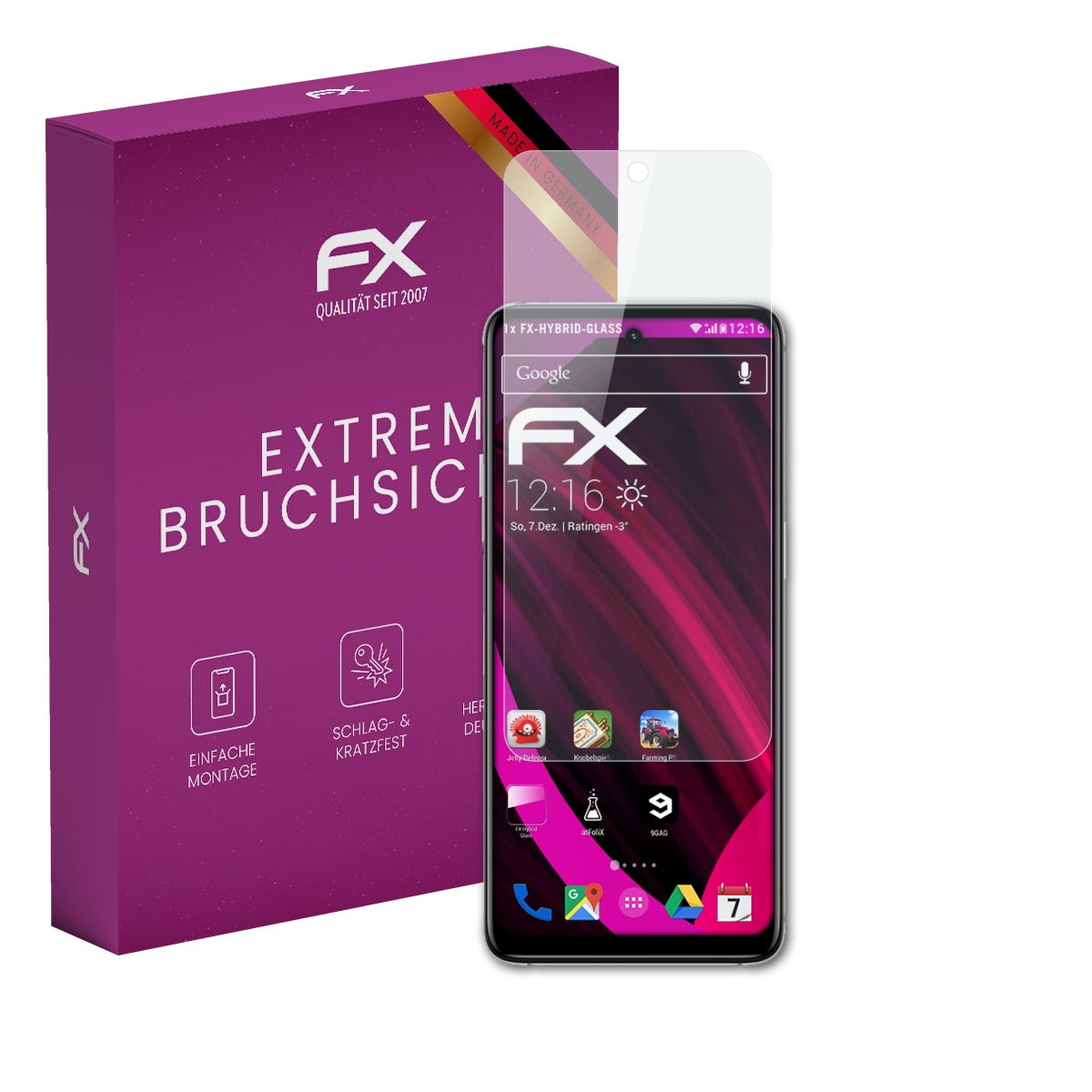 Smartphone mit Displayschutz, lila Box mit FX-Logo. Bildschirm zeigt App-Symbole und Uhrzeit.