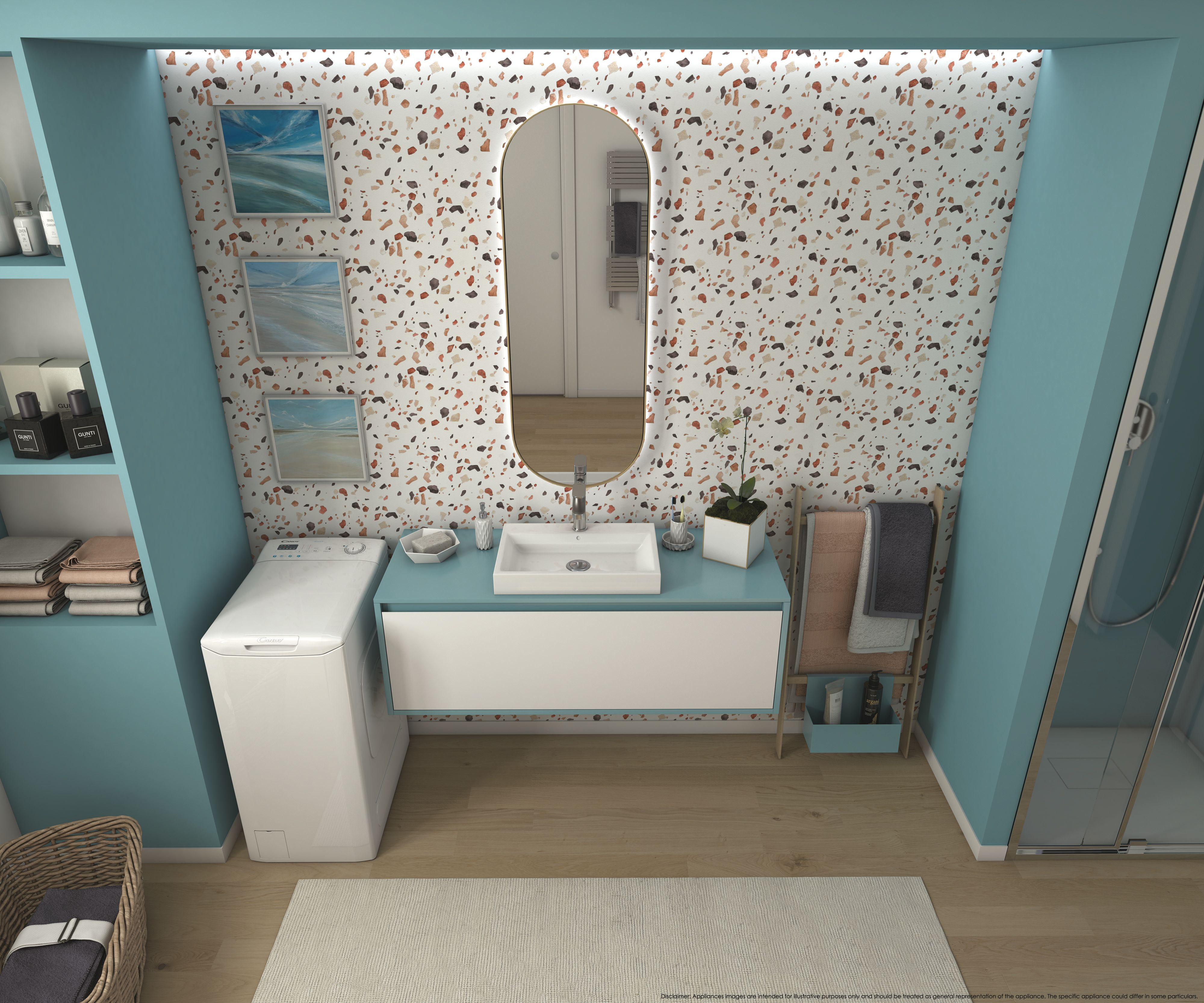 Lavatrice bianca a carica dall'alto in un bagno. Il bagno ha pareti blu e marroni.