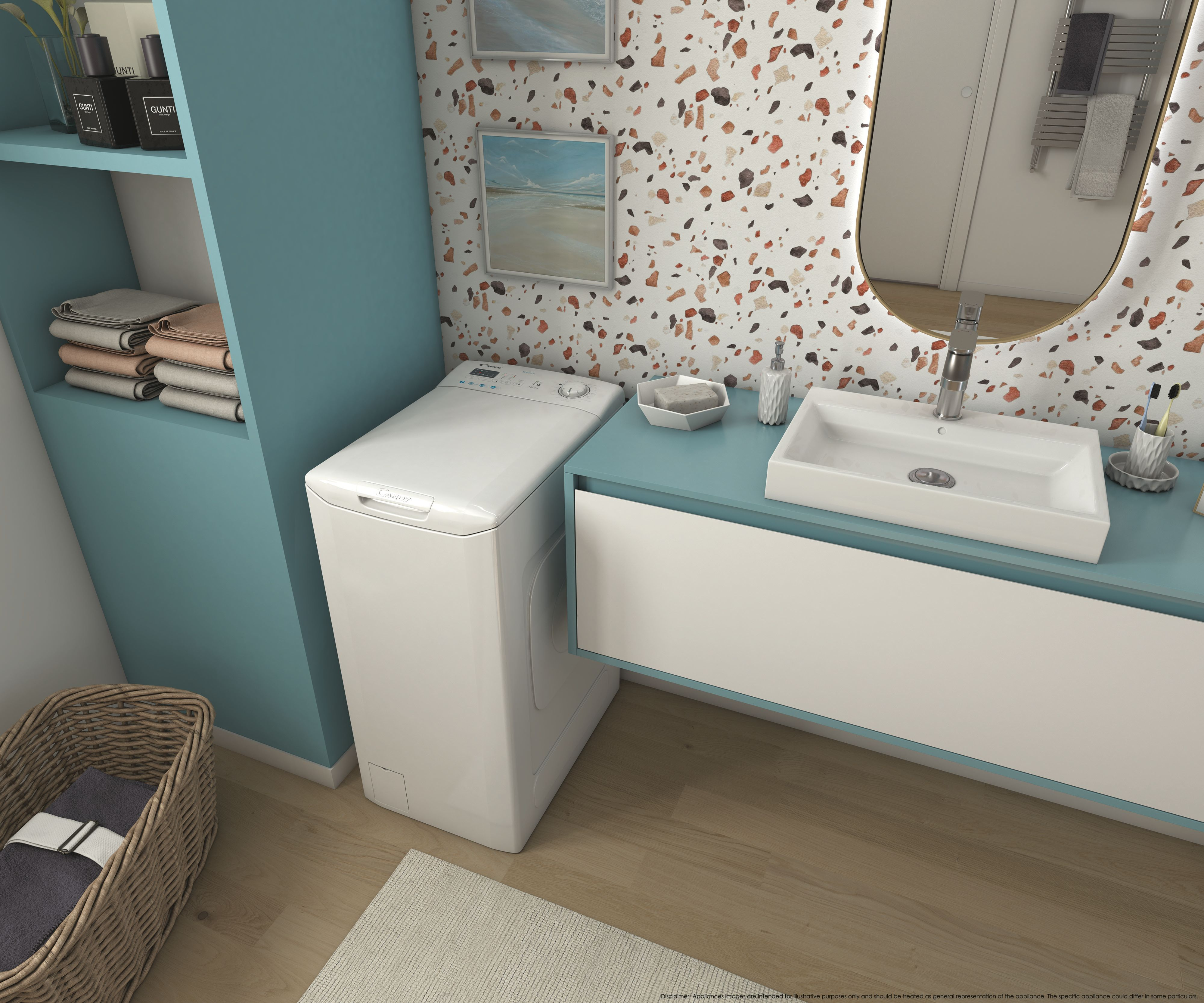 Scena del bagno con una lavatrice bianca a carica dall'alto accanto a un mobile lavabo.