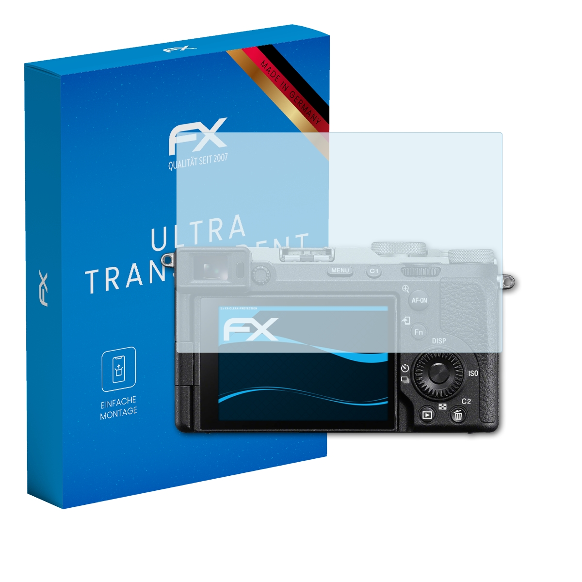 Blaue Box und Kamera mit Displayschutz. Die Kamera ist schwarz. Das FX-Logo ist sichtbar.