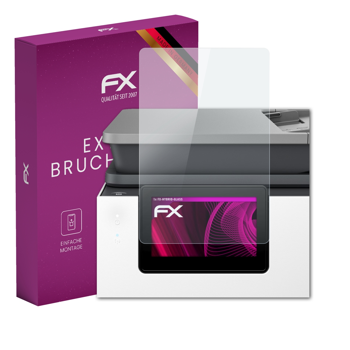 Weißer Drucker mit Displayschutz und lila Box. Die Box hat weißen Text und Symbole.
