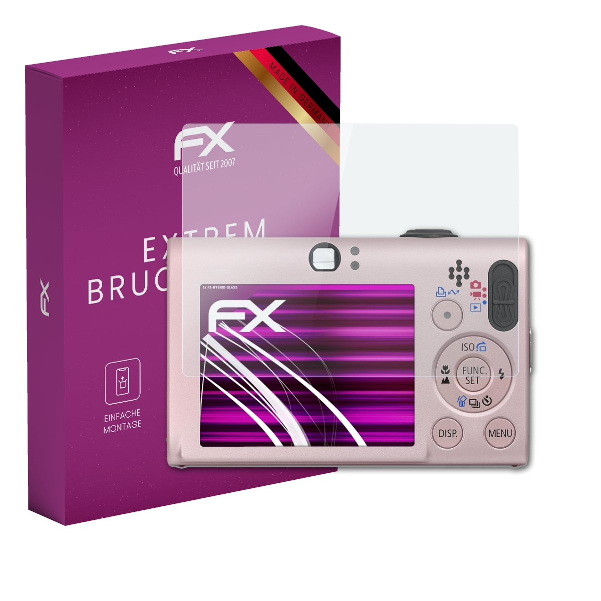Rosafarbene Kamera mit Displayschutz, lila Box mit 'FX'-Logo. Bildschirm zeigt weiße Linien, Schutzfolie angebracht.