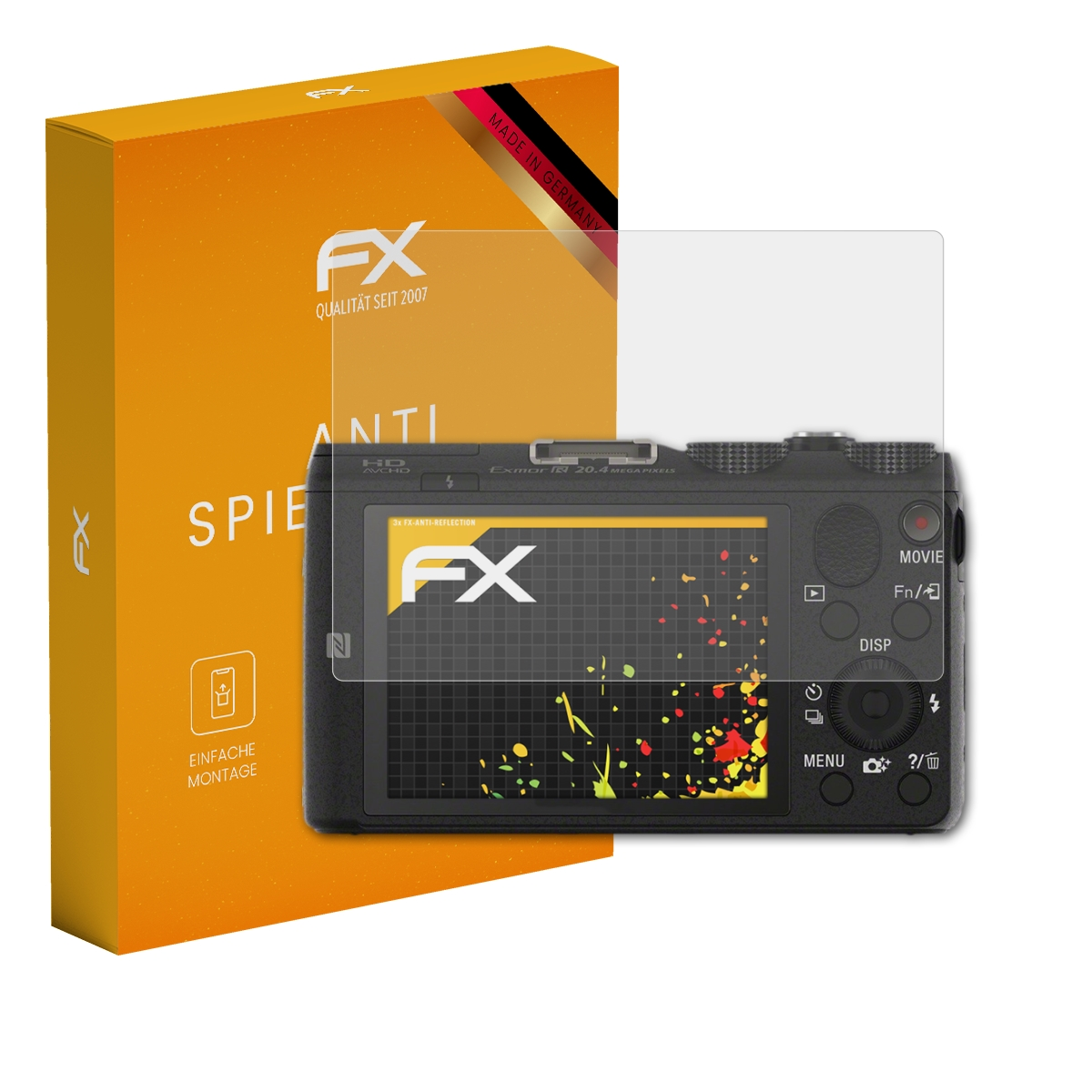 Kamera mit Displayschutz; gelbe Box mit 'FX'-Logo. Bildschirm zeigt Farbanzeige, Schutzfolie angebracht.