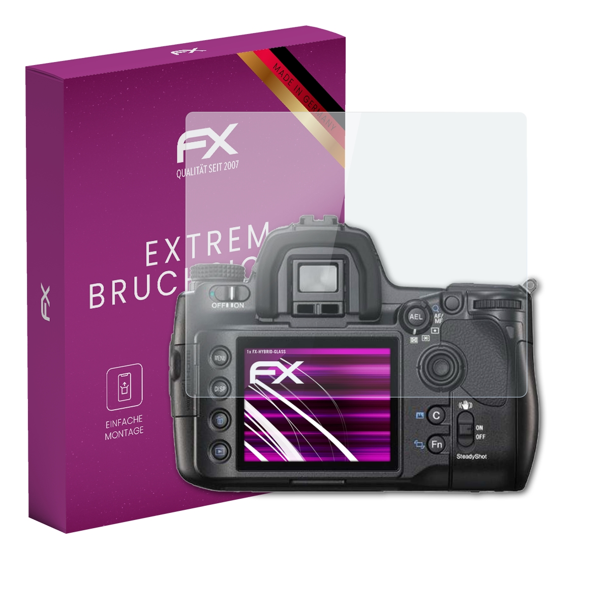 Kamera mit Displayschutz, Box links. Die Box hat das FX-Logo und Text.