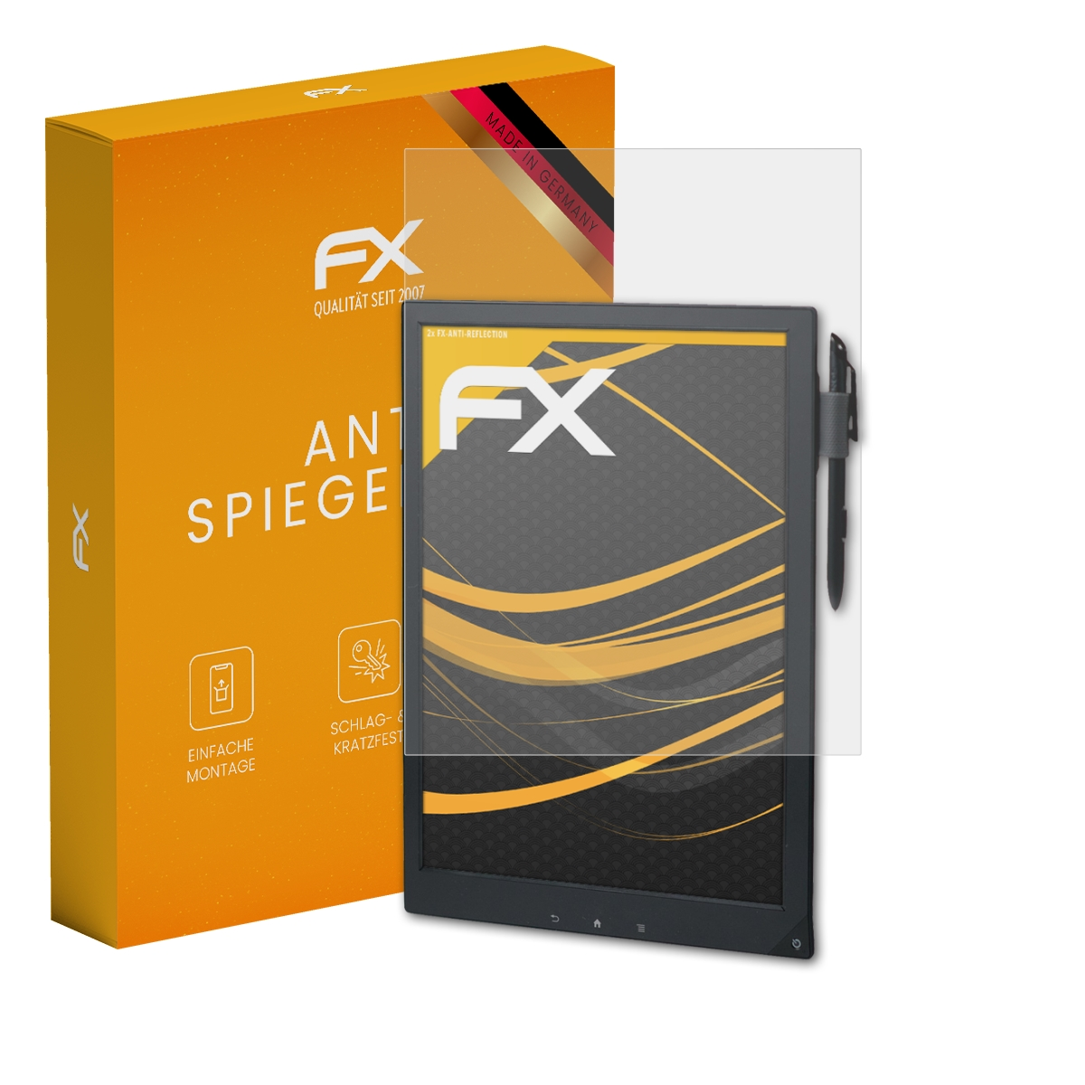 Ein Displayschutz mit einem Tablet und einer orangefarbenen Box. Der Bildschirm ist klar.