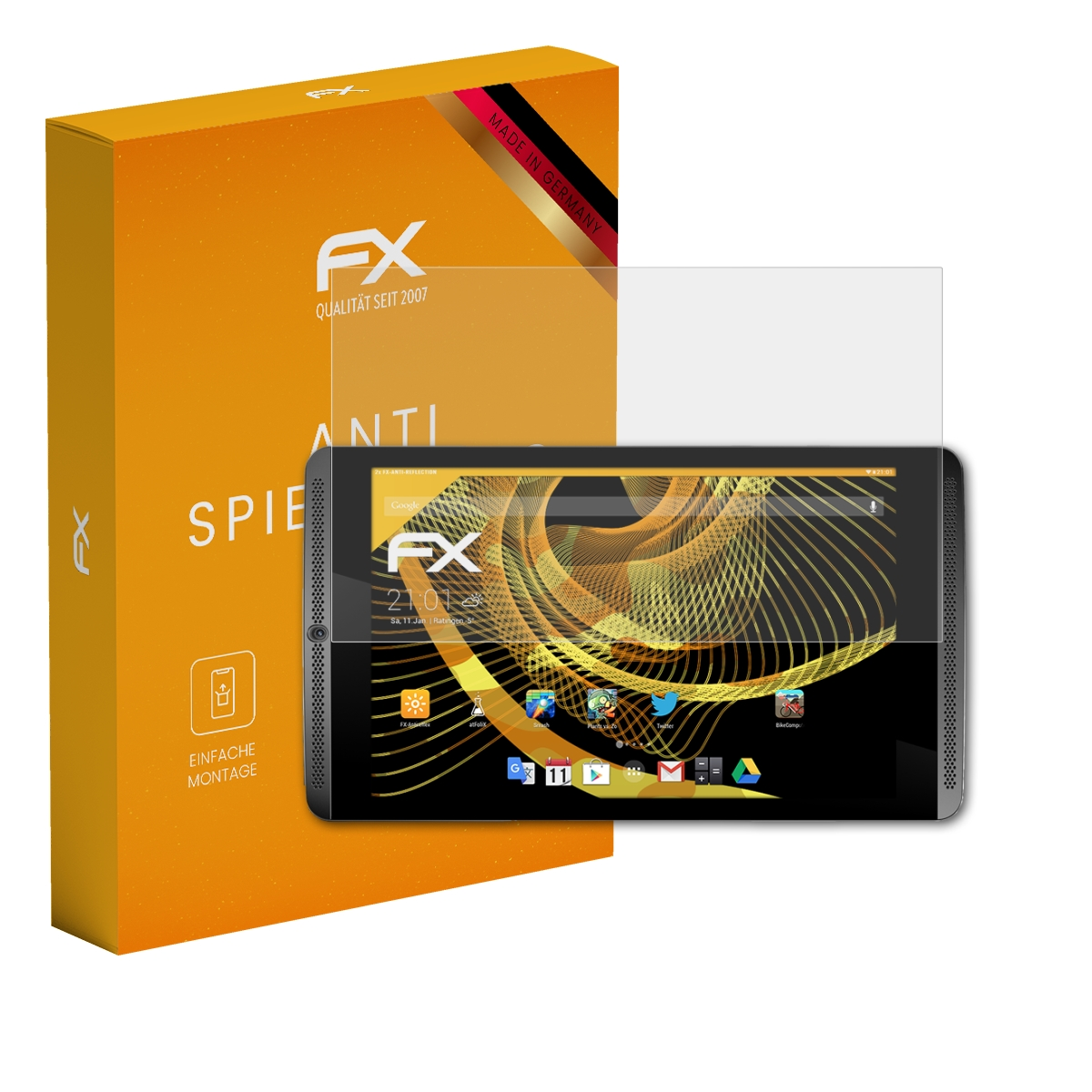 Tablet mit Displayschutz und orangefarbener Box. Der Schutz bedeckt den Bildschirm. Box sagt 'SPIEGEL'.