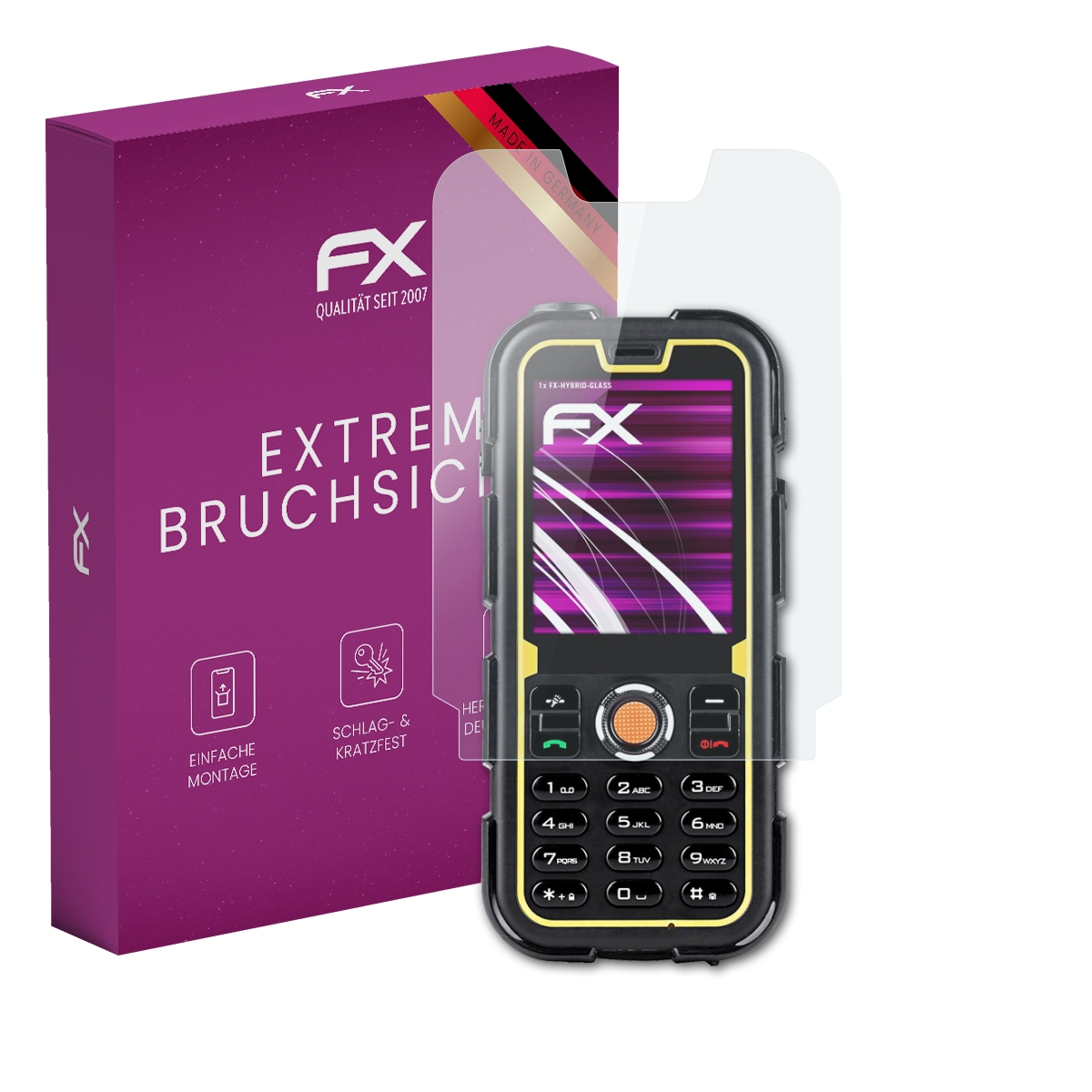 Robustes Telefon mit Displayschutz, Box mit FX-Logo und Text, Bildschirm zeigt UI mit Zahlen.