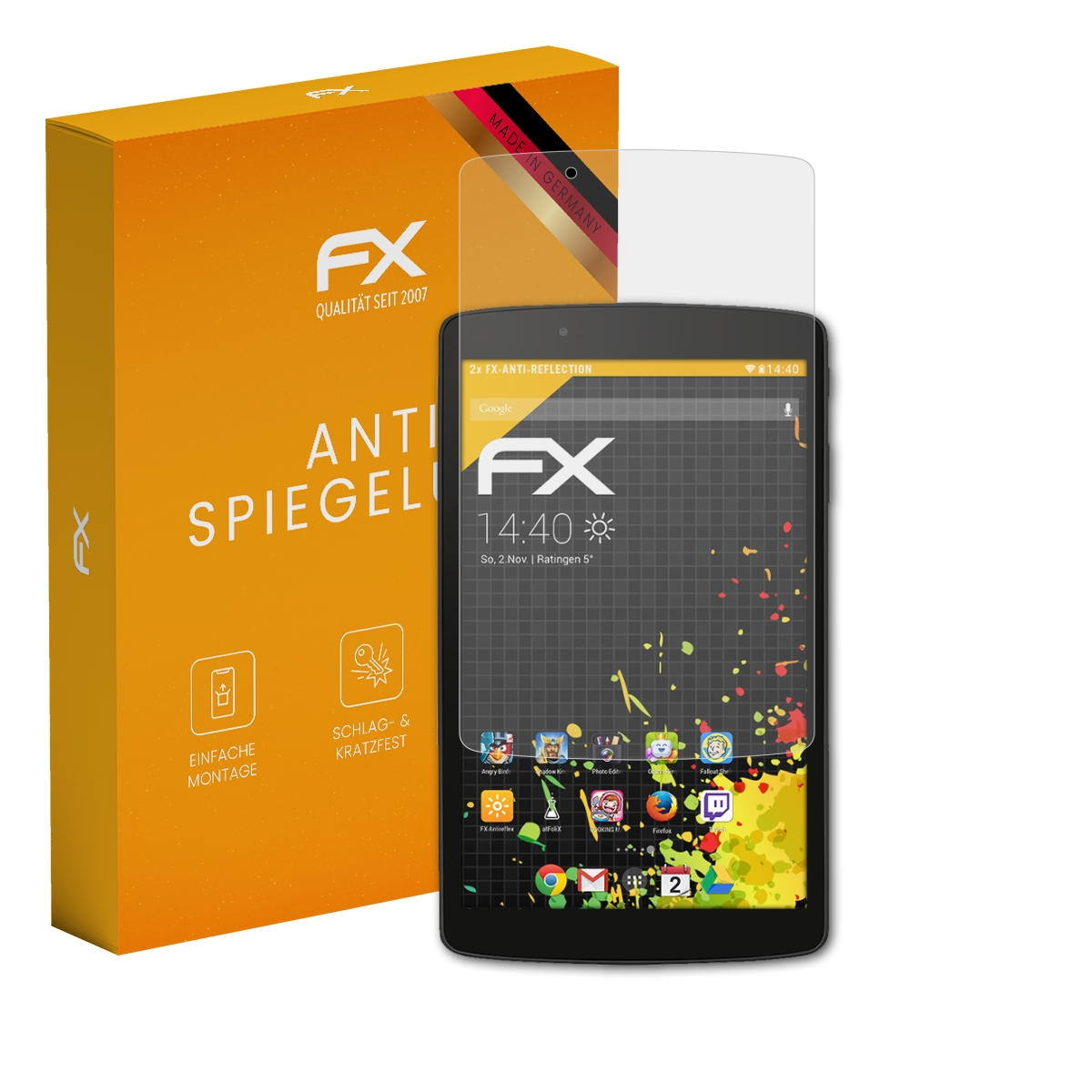 Orangefarbene Box mit Tablet und Displayschutz. Tablet hat App-Symbole. Displayschutz ist transparent.