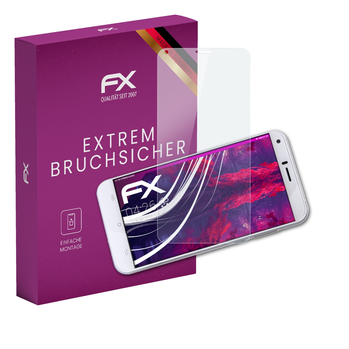 Lila Box mit Telefon und Displayschutz. Telefon zeigt Apps. Schutz ist transparent und auf dem Telefon.
