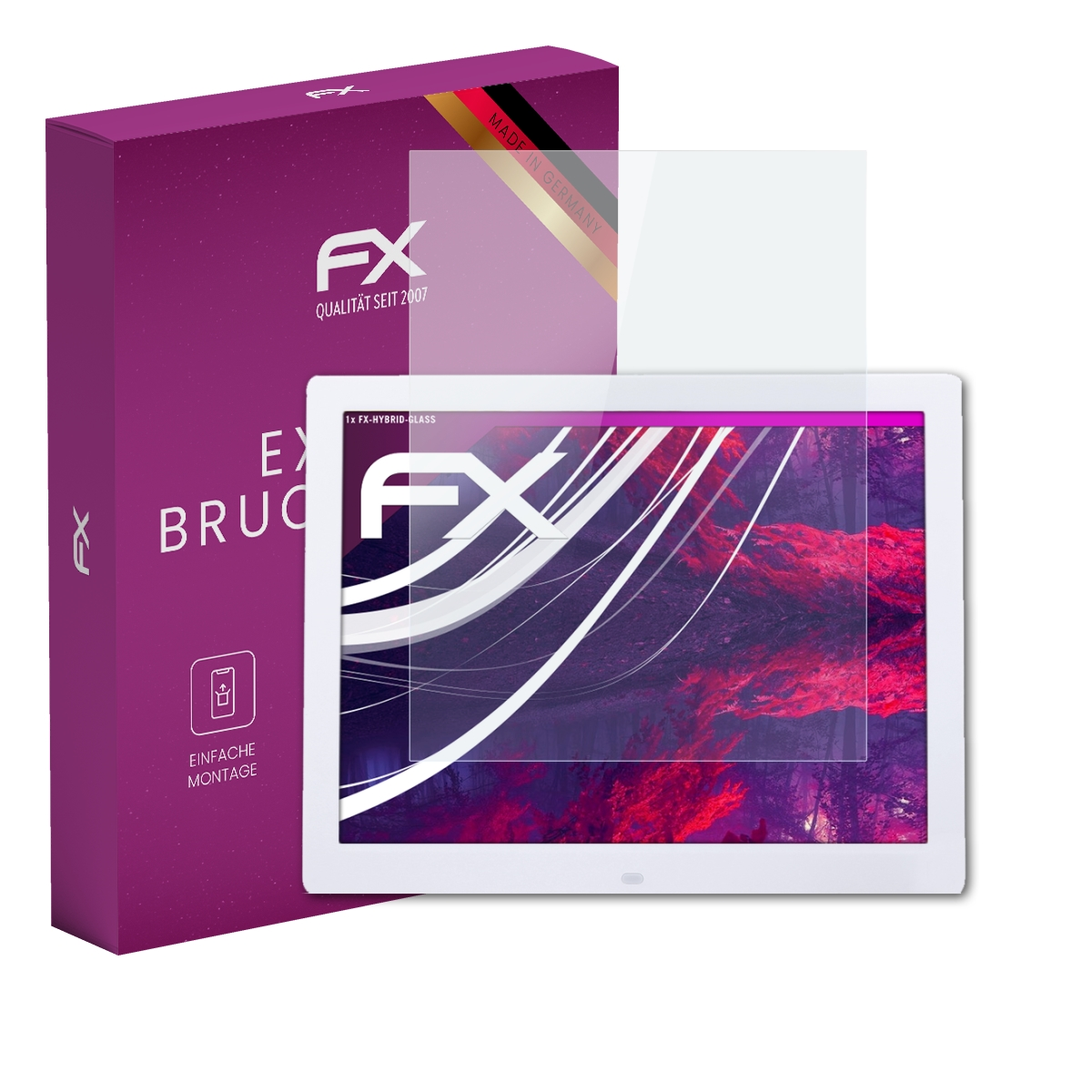 Ein Bildschirmschutz auf einem Tablet-Bildschirm und eine Box mit Logo.