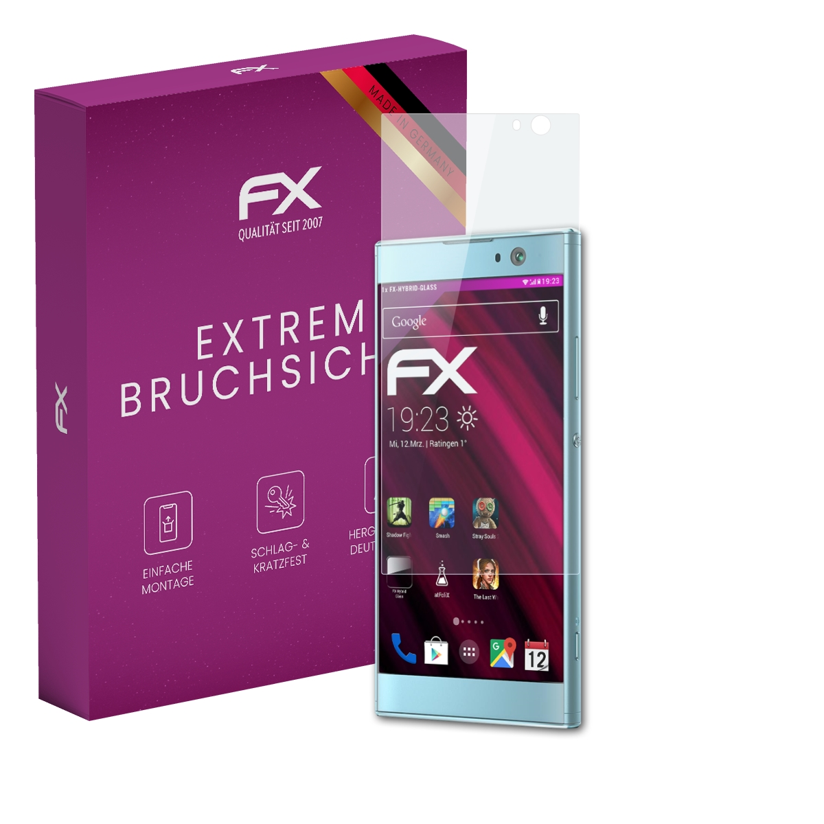 Smartphone mit Displayschutz, Box links. Anzeige App-Symbole.
