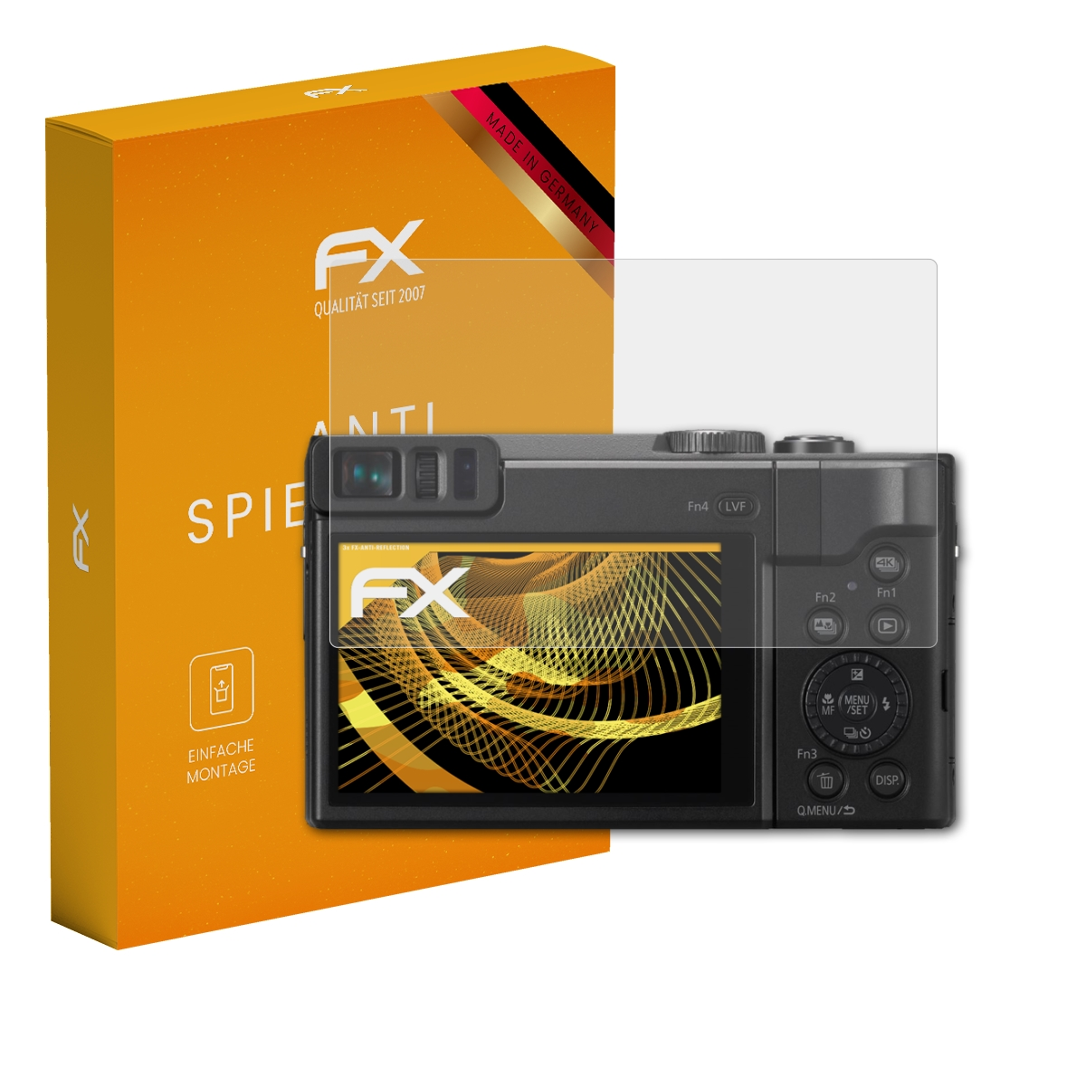 Orange Box mit Kamera und Displayschutzfolie. Box sagt 'FX' und 'ANTI SPIEGEL'. Kamerabildschirm zeigt Grafik.