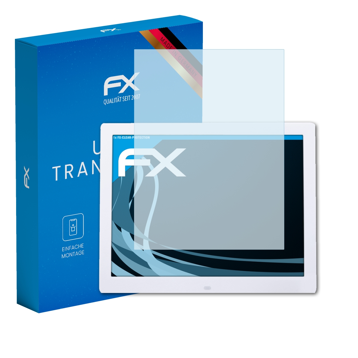 Blaue Box mit Tablet und Displayschutz. Der Displayschutz ist transparent.