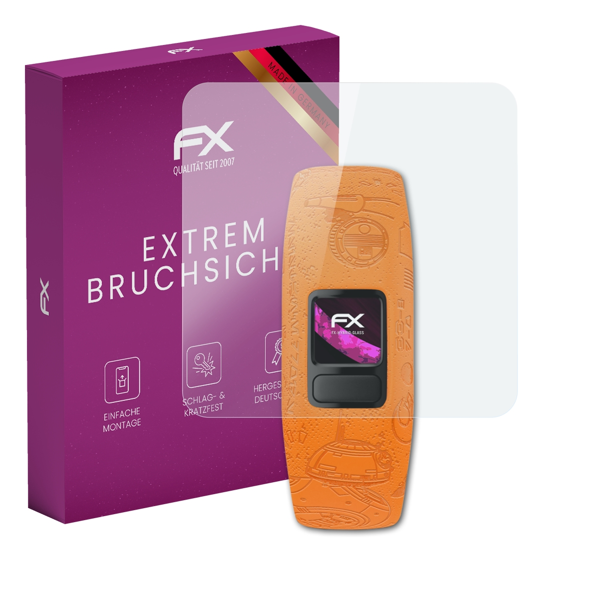 Lila Box mit Telefon und Displayschutz. Der Schutz ist transparent.