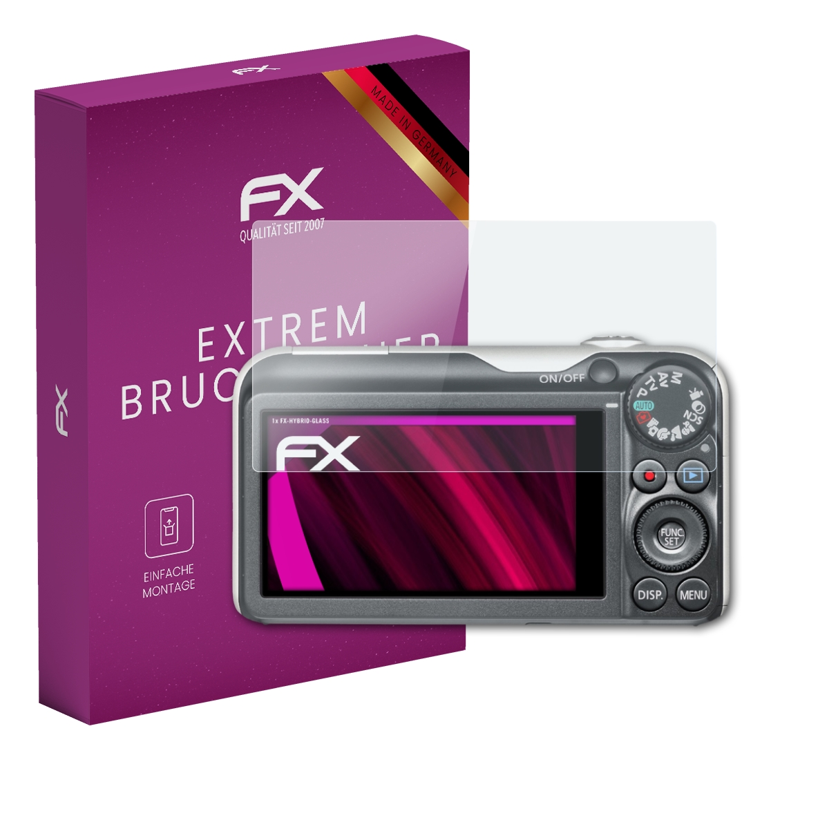 Eine Kamera mit Displayschutz und eine Box.