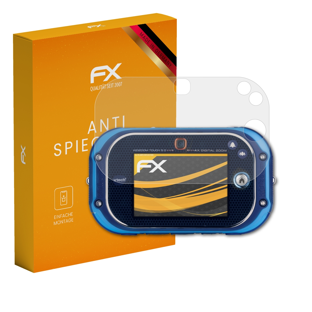 Eine blaue Digitalkamera mit Displayschutzfolie, neben einer orangefarbenen Box mit Text und Symbolen.