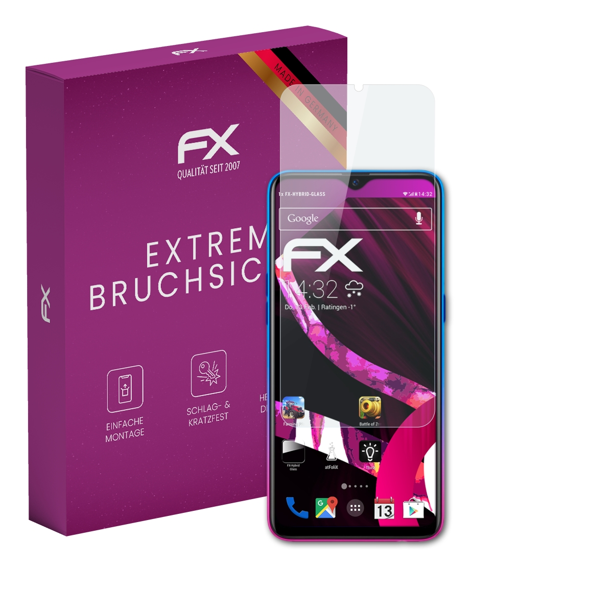 Ein Telefon und Displayschutz mit einer lila Schachtel. Telefon zeigt Uhrzeit und Apps an.