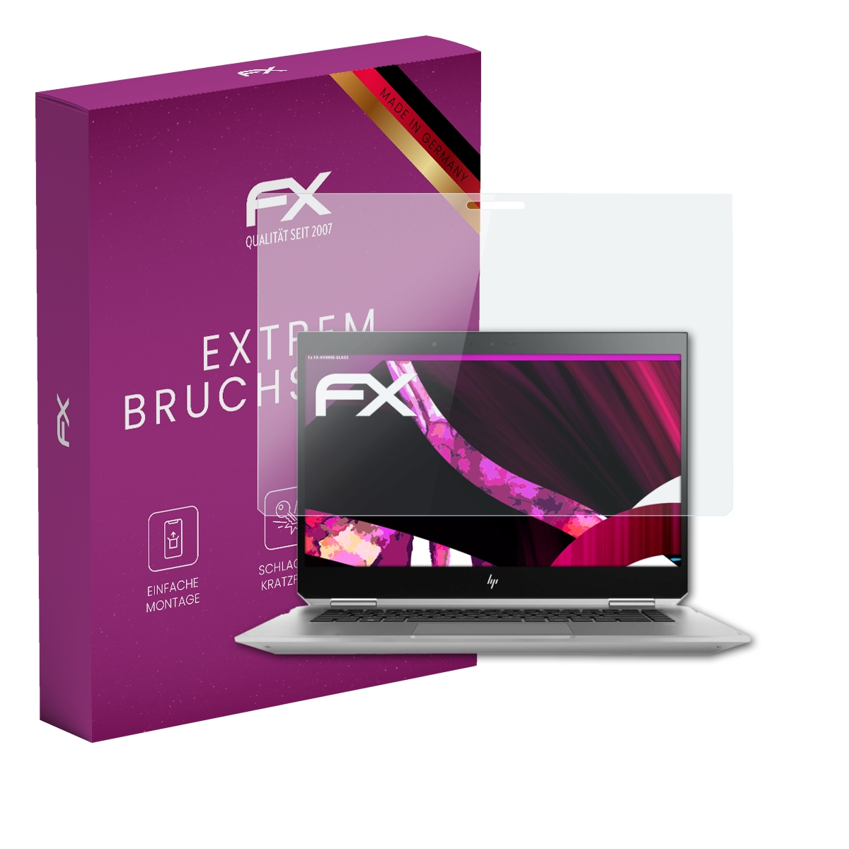 Laptop mit Displayschutz, lila Box und weißem Hintergrund. Der Laptop ist silber.