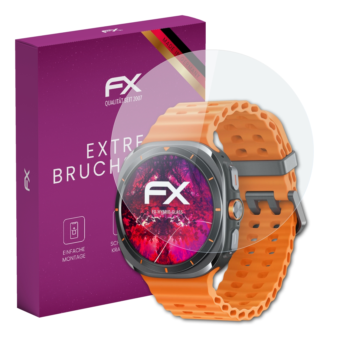 Smartwatch mit Displayschutz und Box. Oranges Armband, schwarzes Zifferblatt, lila Box mit Text.