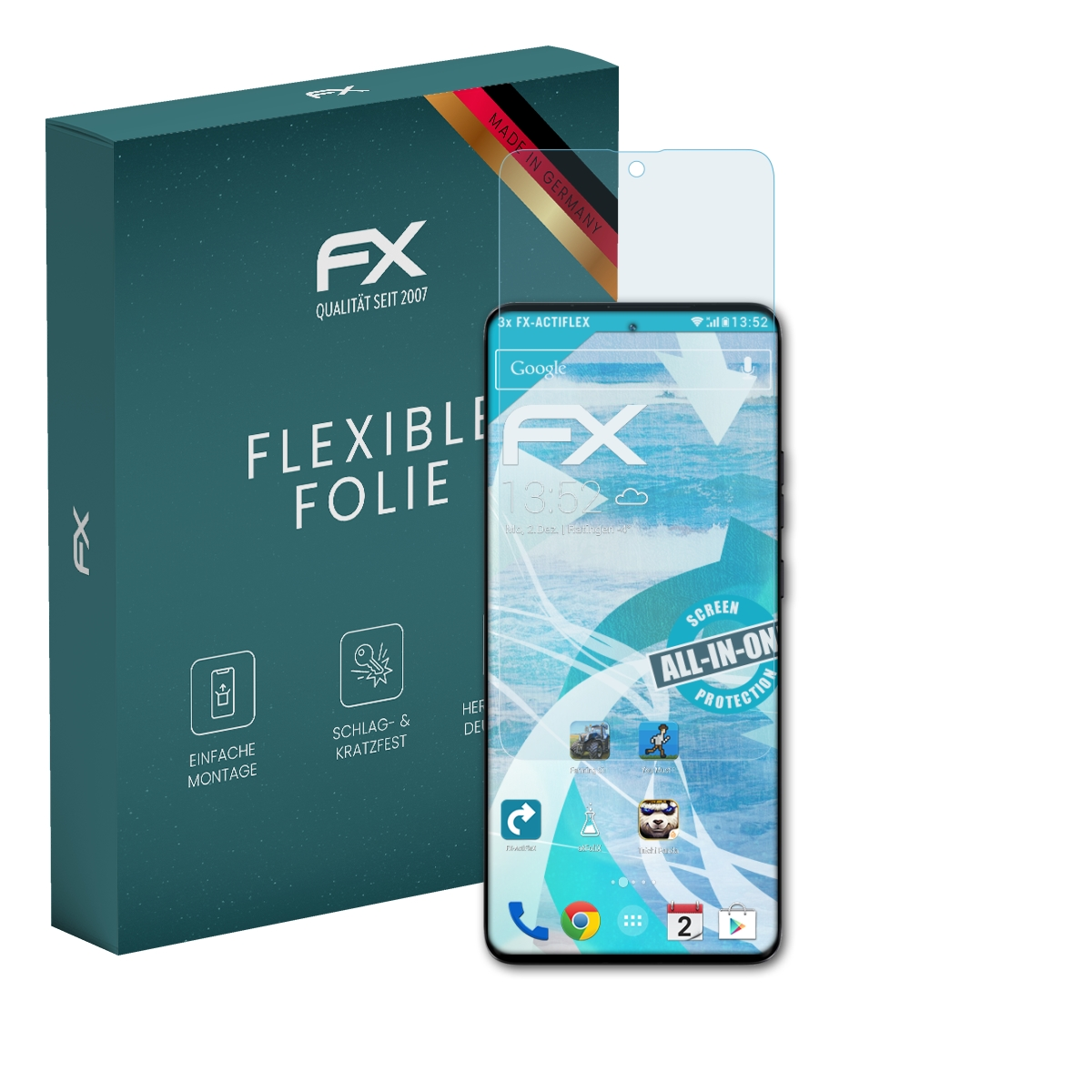 Schachtel mit Displayschutzfolie und Telefon. Das Telefon zeigt Google und App-Symbole. Der Hintergrund ist weiß.