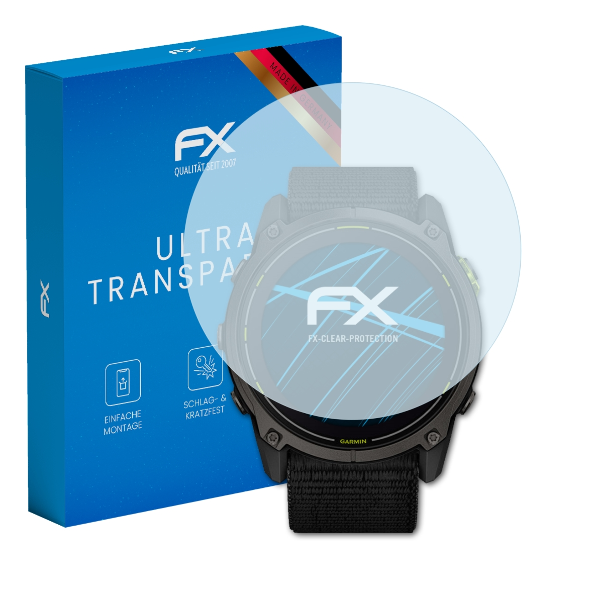 Eine Smartwatch mit Displayschutz und Box. Das Zifferblatt zeigt Zeit und Infos.