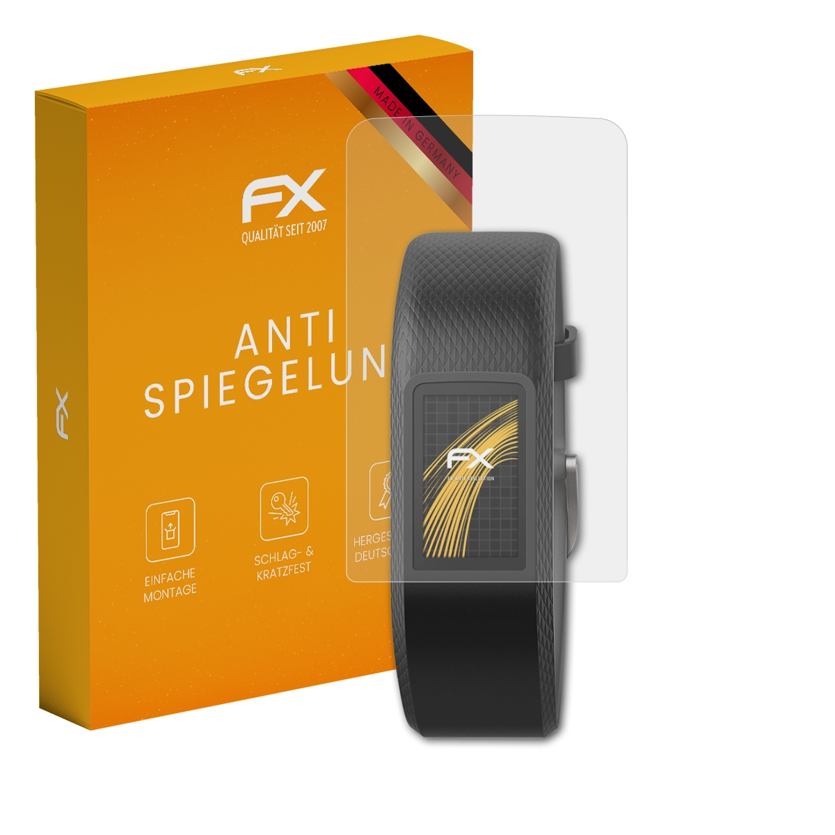 Schwarzer Fitnesstracker mit Displayschutz und eine orangefarbene Box.