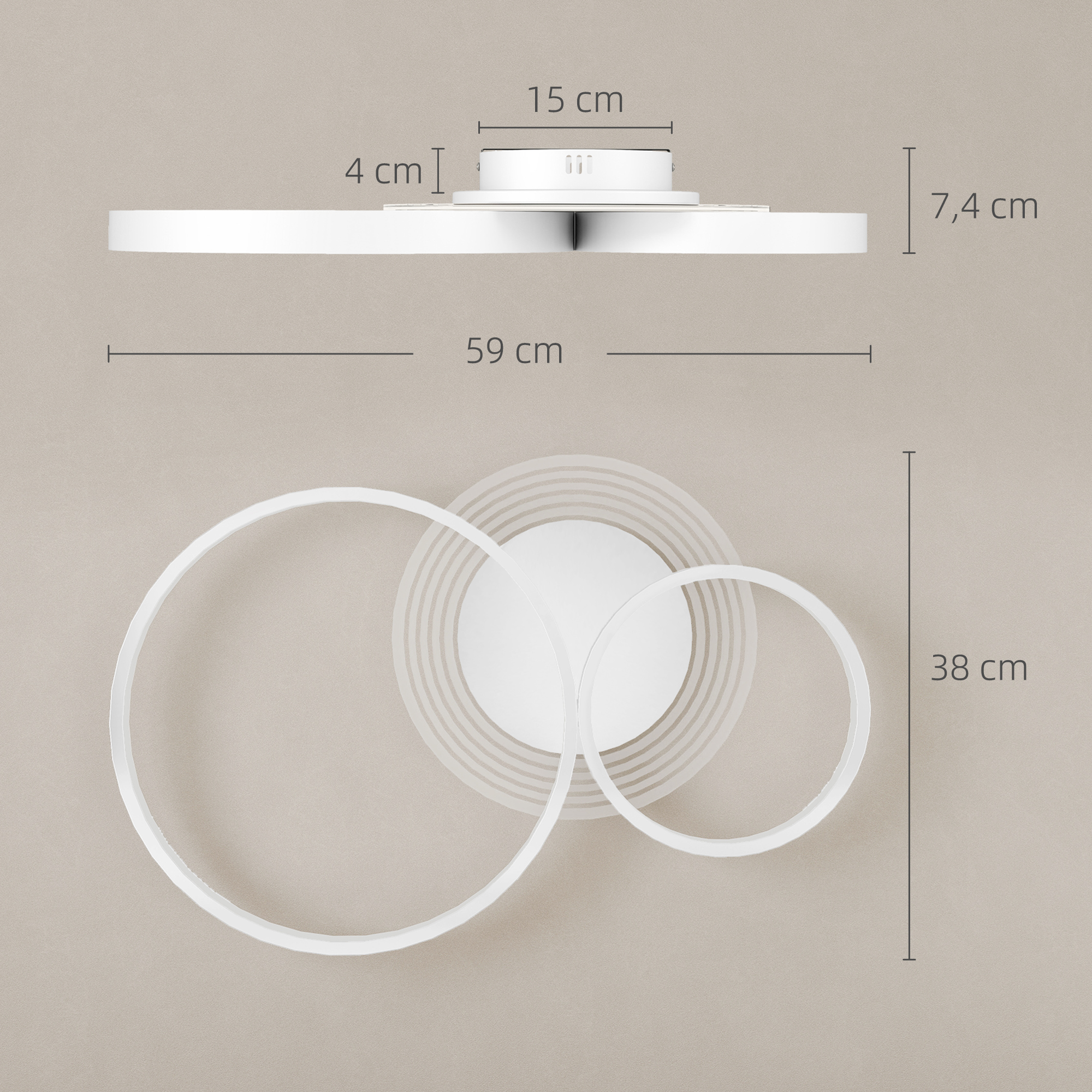 Una lámpara de techo blanca con detalles de dimensiones: 59cm, 4cm, 15cm, 7.4cm y 38cm.