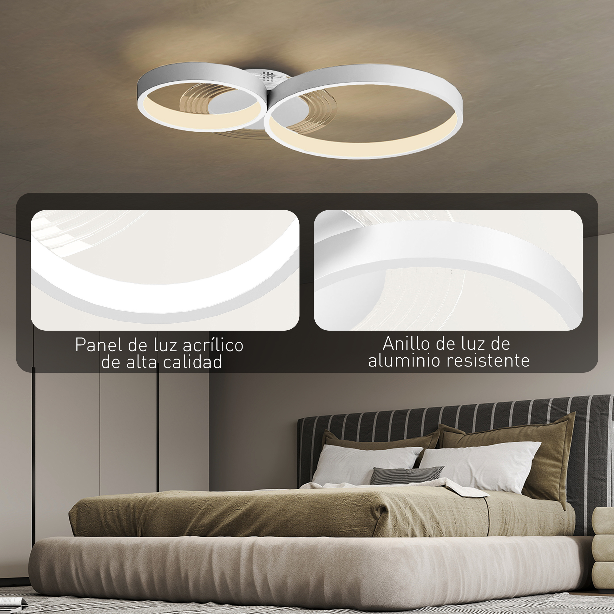 Dormitorio con una moderna lámpara de techo blanca compuesta por dos anillos que se cruzan.
