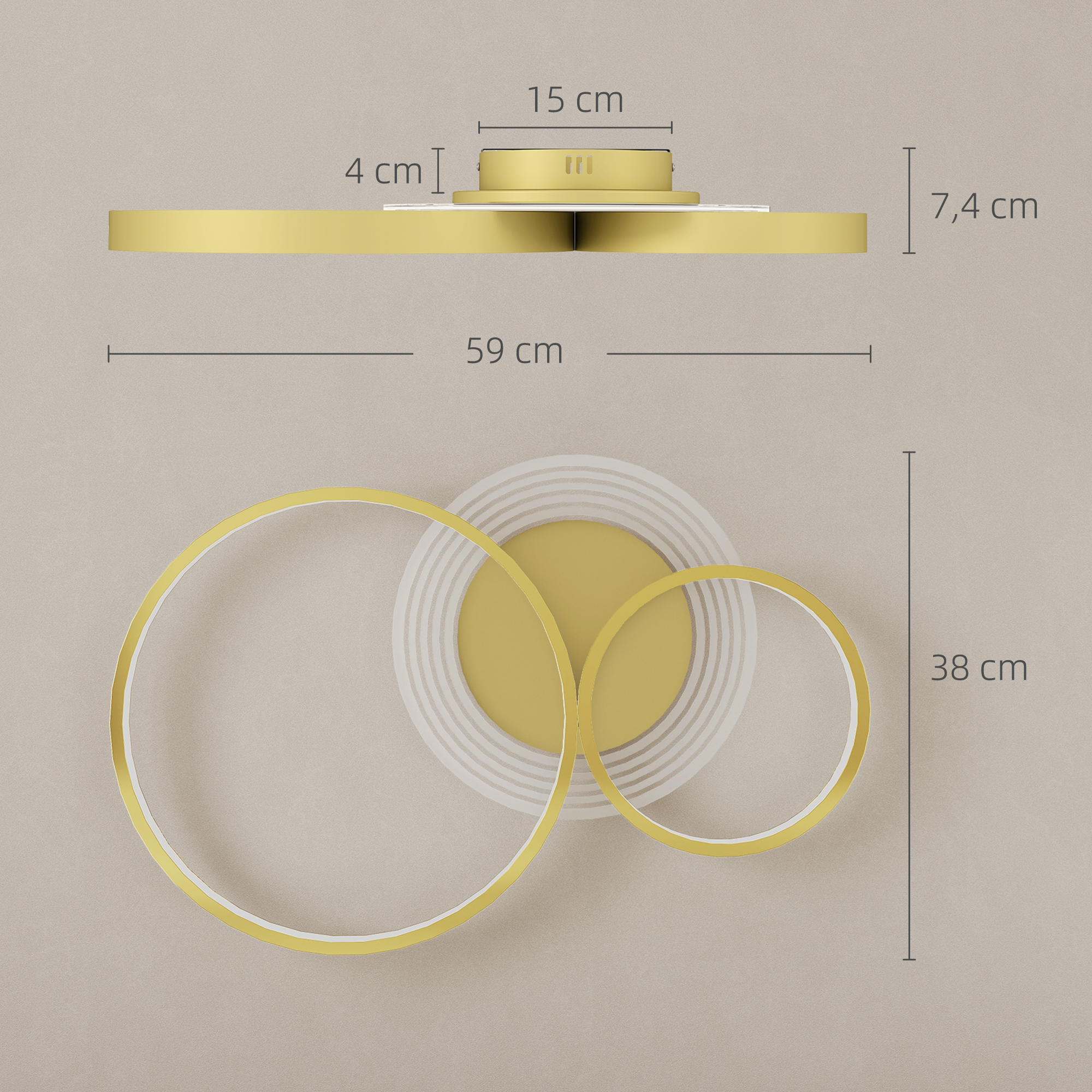 La luz muestra las siguientes dimensiones: 59 cm de ancho, 38 cm de alto, con profundidades de anillo de 4 cm y 7,4 cm, y una base de 15 cm de ancho.