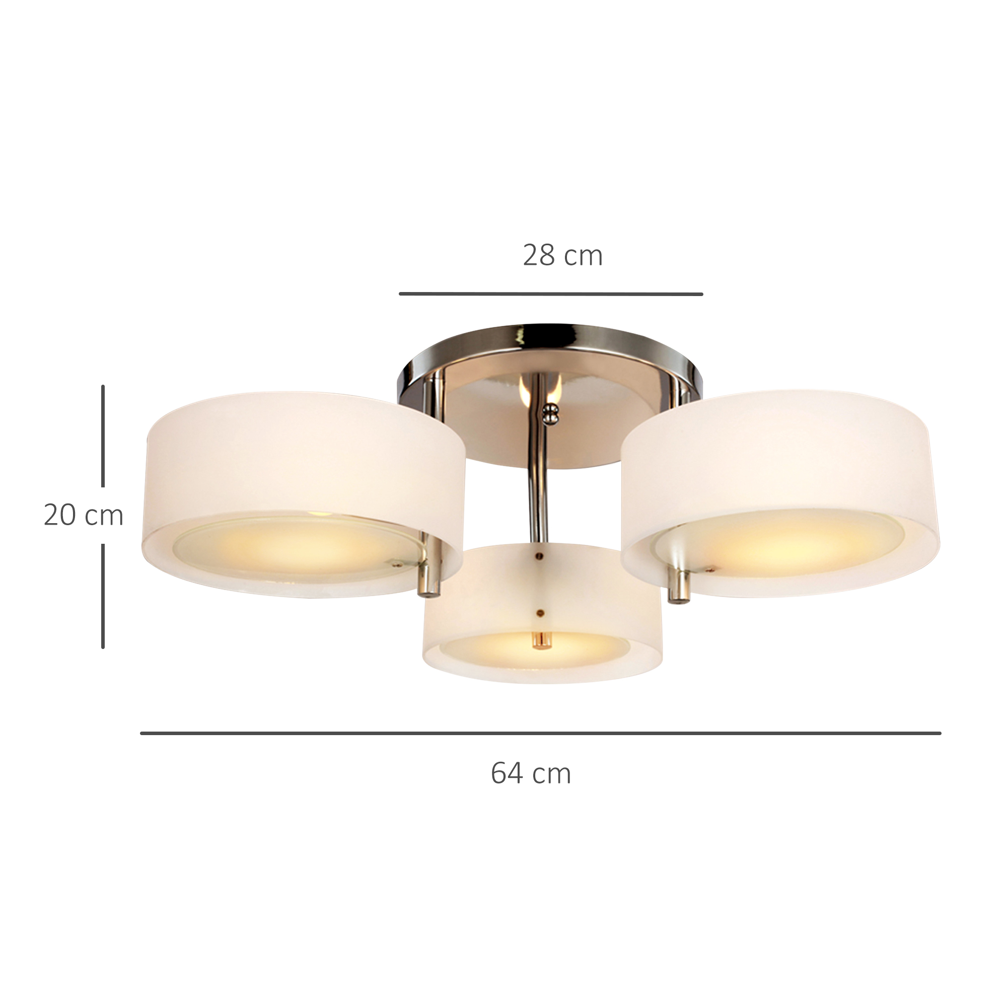 Lámpara de techo con tres luces. La lámpara es blanca con base plateada y medidas.
