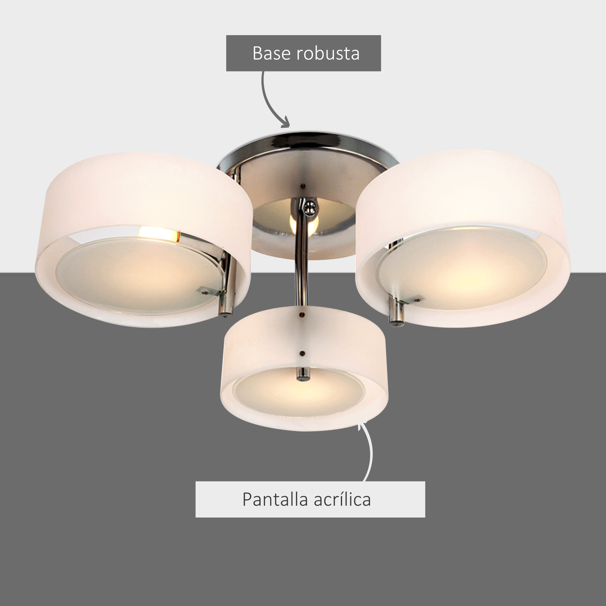 Luz de techo con tres luces, etiquetada como 'Base robusta' y 'Pantalla acrílica'.