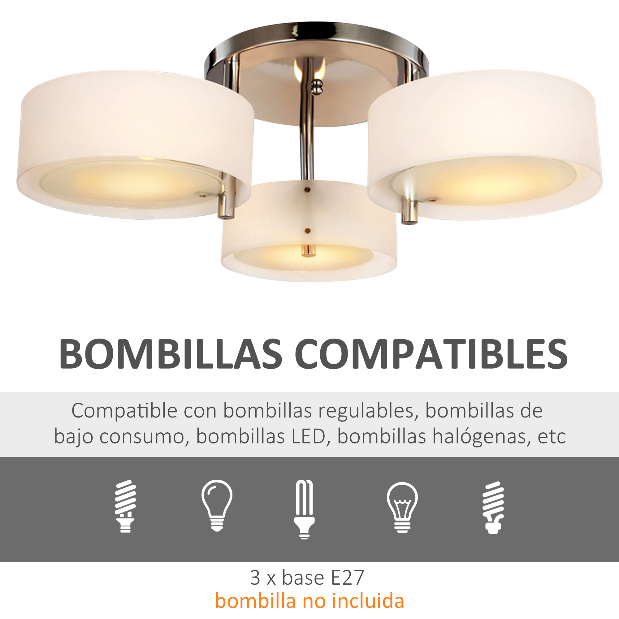 Una lámpara de techo con texto sobre bombillas compatibles. Las bombillas son de bajo consumo, LED y halógenas.