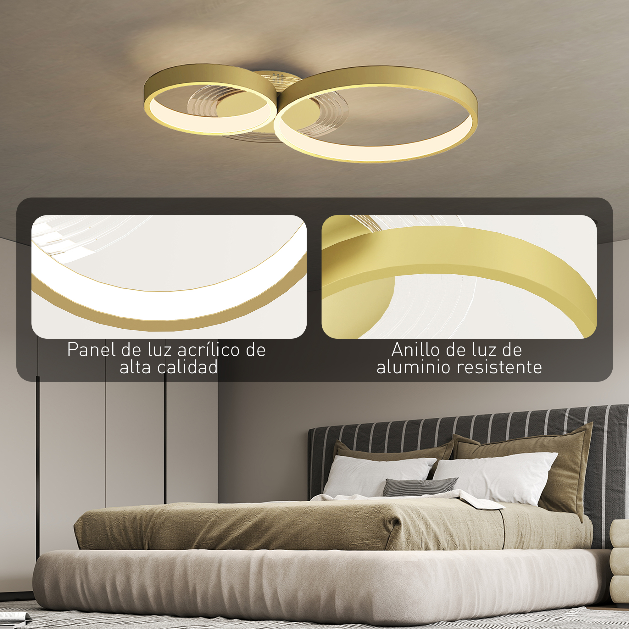 Una habitación cuenta con una cama y, encima, una lámpara de techo moderna. La luz tiene un panel acrílico de alta calidad y un anillo de aluminio.