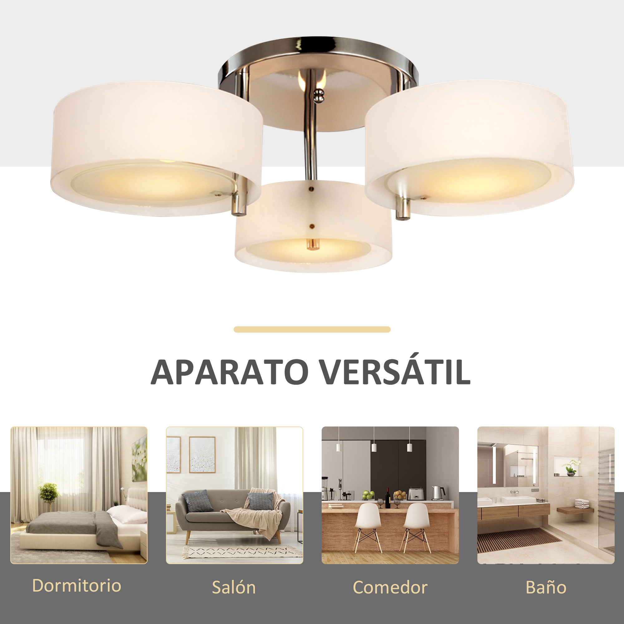 Una luz versátil con tres pantallas blancas se muestra en un dormitorio, sala de estar, cocina y baño.